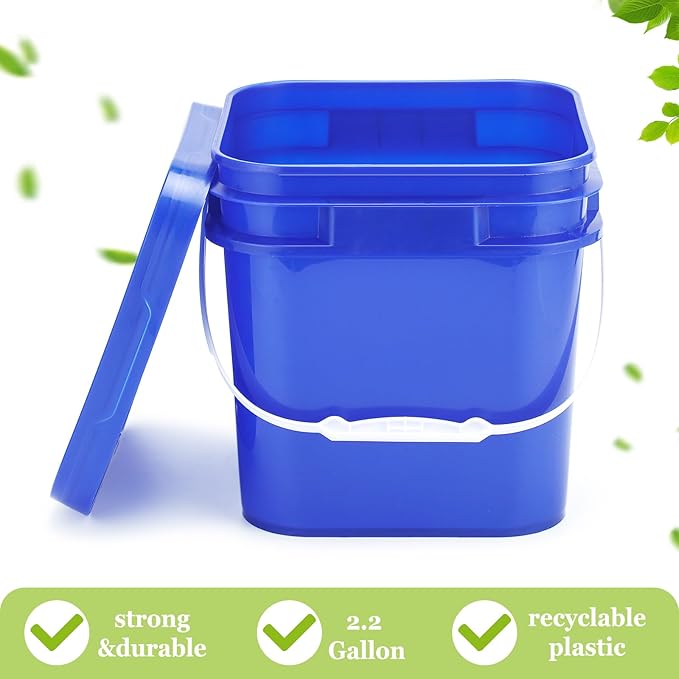 Suzile 10pcs 2.2 Gallon Square Bucket with Lid Food Grade Plastic Bucket 10L Utility Industrial Pail with Handle Container for Food Oil Tub Water Fishing Paint House Cleaning Car Washing (Blue)