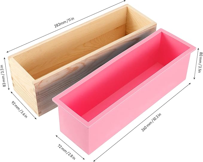 JEUIHAU 3 Set 42 oz Silicone Soap Loaf Mold, Flexible Rectangular Silicone Soap Mold with Wood Box and Cover for Making Soap Cake Chocolate