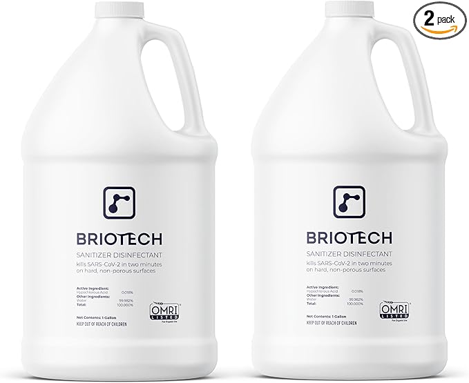 BRIOTECH Sanitizer Disinfectant Hypochlorous, Kill 99.99% of Viruses & Bacteria, Control Mold, Eliminate Odor, Gentle for Nursery & Play Rooms, Food Contact Surface Sanitizer, 1 Gallon Refill (2 Pack)