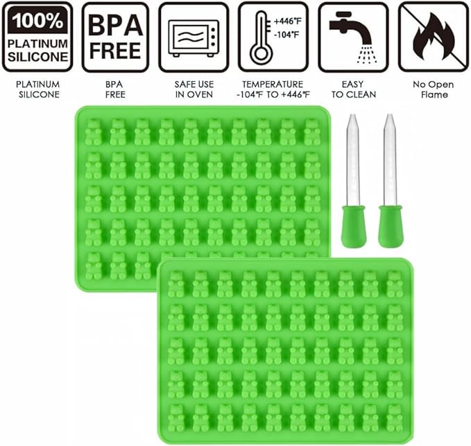2 Piece Gummy Bear Silicone Molds, Non-Stick Chocolate Candy Mold with 2 Droppers Food Grade (Green)