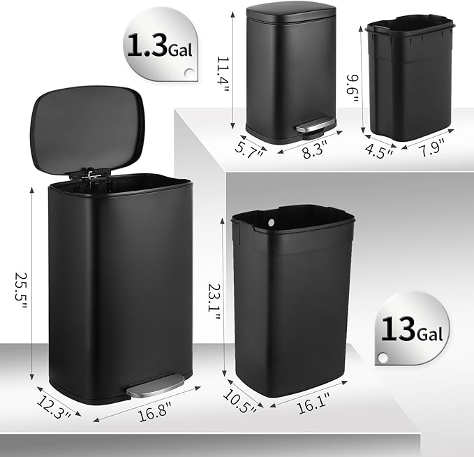 13.2+1.3 Gallon Trash Can Combo Set, Stainless Steel Garbage Bin with Pedal, Removable Inner Waste Bucket, Anti-Fingerprint, Soft-Close Locking Lid Dustbin for Kitchen, Bathroom, Office