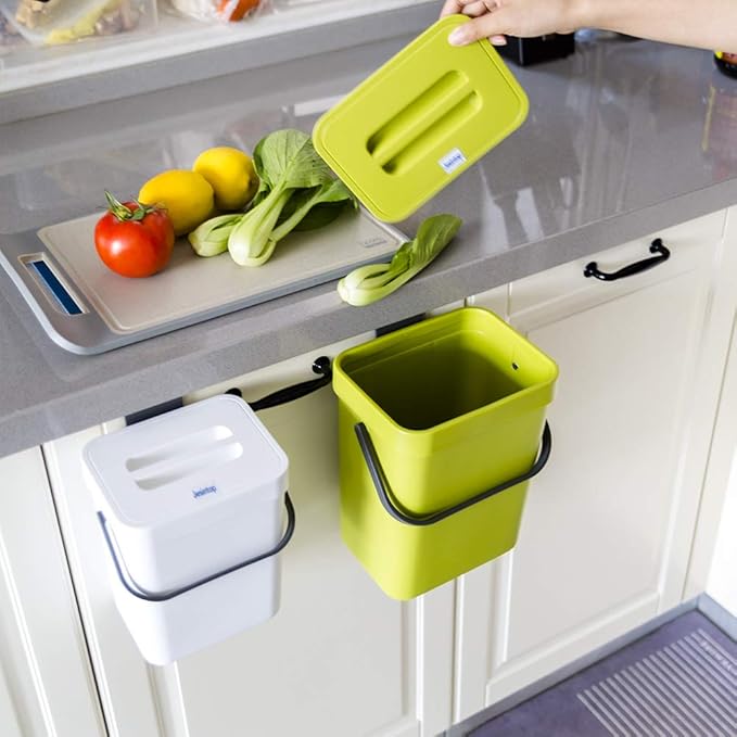 Counter Top Compost Bin with Lid for Kitchen Waste Food Scrap,Mountable Bathroom Hanging Small Trash Can Under Sink 1.3 Gal/5 L Series,Green