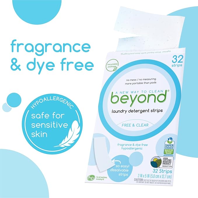Beyond Laundry Detergent Strips [32 strips] - Free & Clear - Eco-friendly, Hypoallergenic. Travel friendly. Dissolvable Strips.