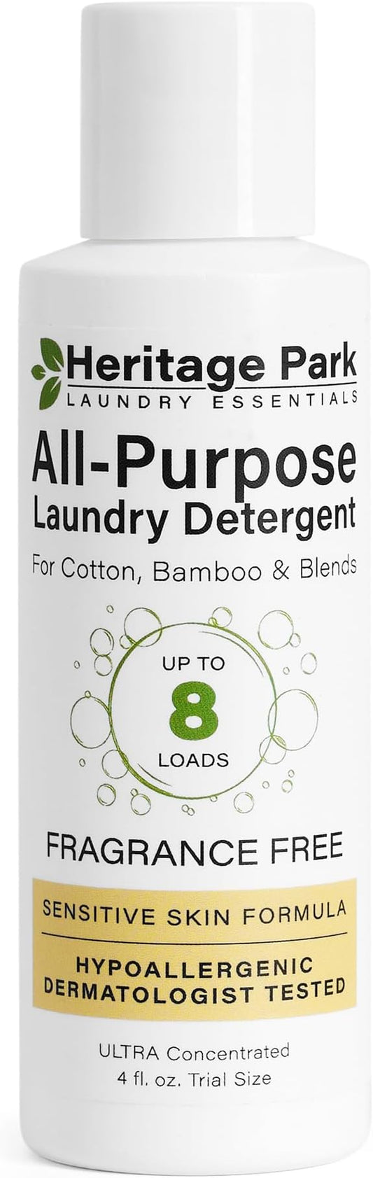 Heritage Park Luxury Laundry Detergent | Dermatologist Tested Plant based Natural & Enzyme Laundry Detergent | Sensitive Skin Friendly - Fragrance Free (4 fl oz Trial Size)