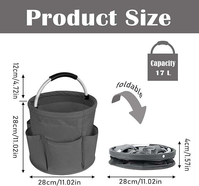 17L Cleaning Caddy with Handle, Garden Tool Organizers Bag, Cleaning Bucket Organiser, Foldable Gardening Bags Multi Pocket, Grey