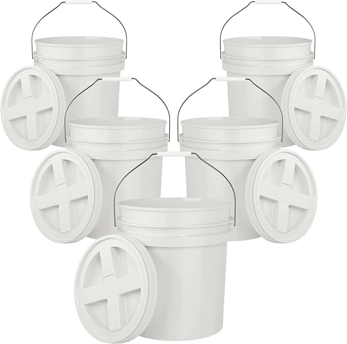 5-Gallon White Bucket Pail with Gamma Seal Screw on Airtight Lid, Heavy-Duty 90MIL Extra Durable, Food Grade, Metal Handles with Plastic Grip for Easy Carrying, Easy Stack & Store, BPA Free - 5 Pack