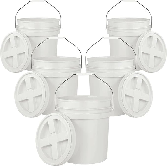 5-Gallon White Bucket Pail with Gamma Seal Screw on Airtight Lid, Heavy-Duty 90MIL Extra Durable, Food Grade, Metal Handles with Plastic Grip for Easy Carrying, Easy Stack & Store, BPA Free - 5 Pack