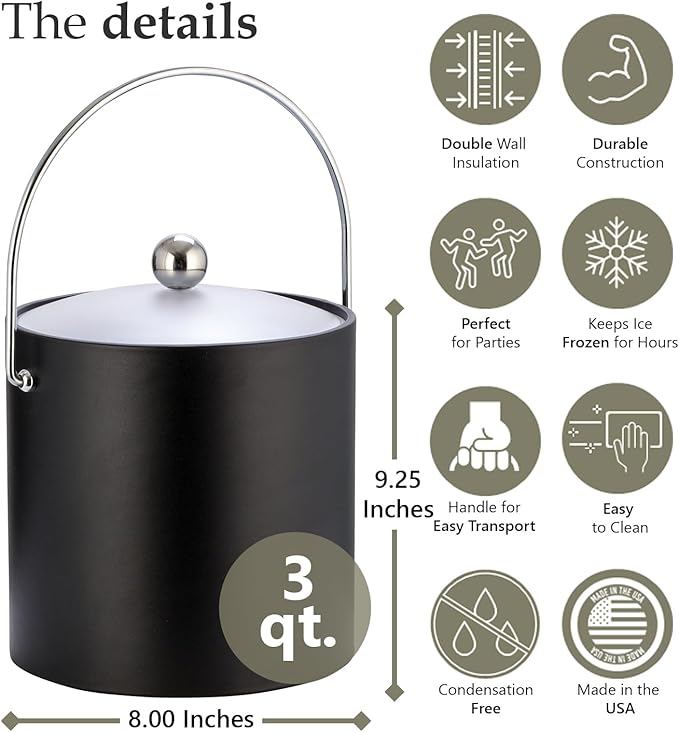 Kraftware Bartenders Choice Fun Colors Collection Ice Bucket - 3-Quart, Double Wall Construction, Keeps Ice Perfectly Chilled, Ideal for Hotel Guest Rooms and Bar Areas, Black, Handle
