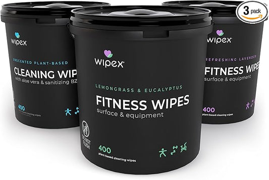 Wipex Fitness Wipes Bundle - Get 3 Buckets (1) Lemongrass, (1) Lavender, (1) Hand Sanitizing BZK, all Plant-Based Cloth, Great for Yoga Studios, Wellness Centers, and Gyms, 400 Ct (Pack of 3)