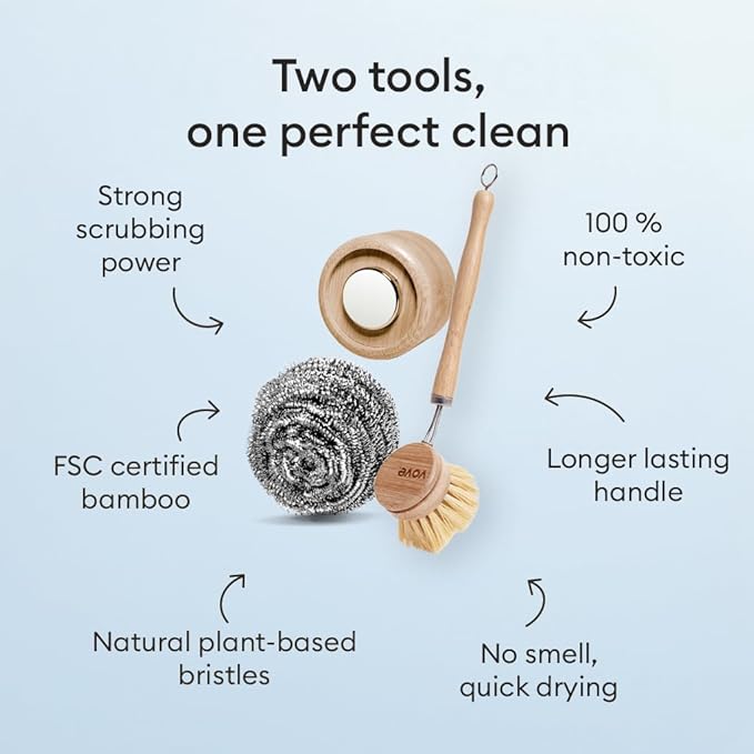Vove Magnetic Scourer & Bamboo Dish Brush Set, Stainless Steel Scrubber with FSC-Certified Bamboo Handle and 3 Pads, Sisal Fiber Brush, for Cast Iron, Pots & Pans, Eco-Friendly Kitchen Cleaning Bundle