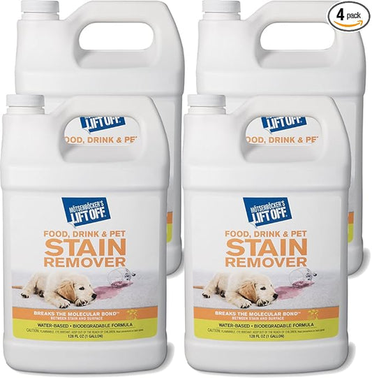 Motsenbocker's Lift Off 40601-4PK Food, Drink, and Pet Stain Remover Eliminates Tough Stains from Multiple Surfaces, Excellent as a Pre-Wash Laundry Treatment, Water-Based, 1 Gallon, Pack of 4