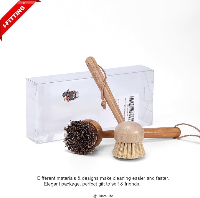 Bamboo Dish Scrubber, Dish Brushes with Bamboo Handle, Wooden Cleaning Scrubbers Stiff Bristles for Washing Kitchen Cast Iron Pan Pot, Kitchen Cleaning Set