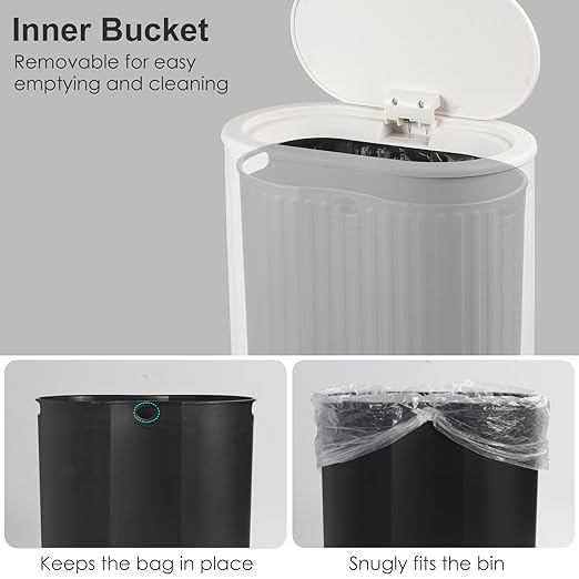 Anzoymx Bathroom Trash Cans White Stainless Steel Small Garbage Can with Pop up Lid, 1.8 Gallons Dog Proof Narrow Wastebasket, Slim Litter Trash Bins for Bedroom, Toilet, Office