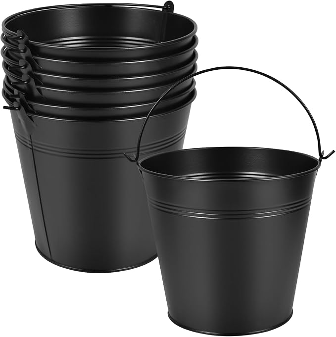 OBTANIM 7 Pack Black Metal Buckets with Handle Galvanized Ice Pails for Plants, Succulents, Party Favors Organizing, Rustic Home Decor or Classrooms Pencil Storage (6 x 4.4 inch)