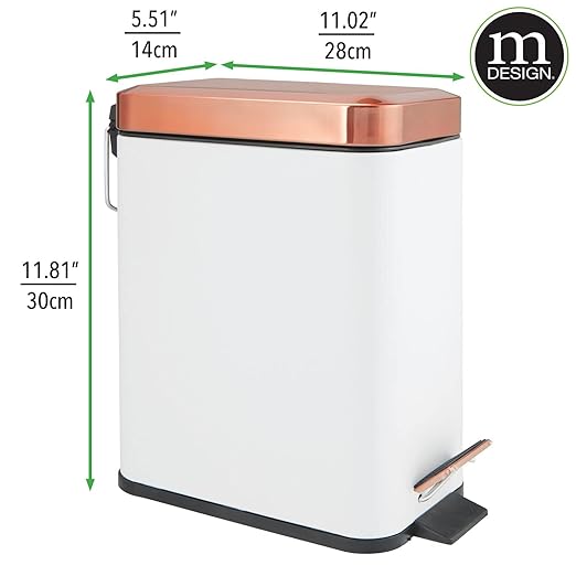 mDesign Small Modern 1.3 Gallon Rectangle Metal Lidded Step Trash Can, Compact Garbage Bin with Removable Liner Bucket and Handle for Bathroom, Kitchen, Craft Room, Office, Garage - White/Rose Gold