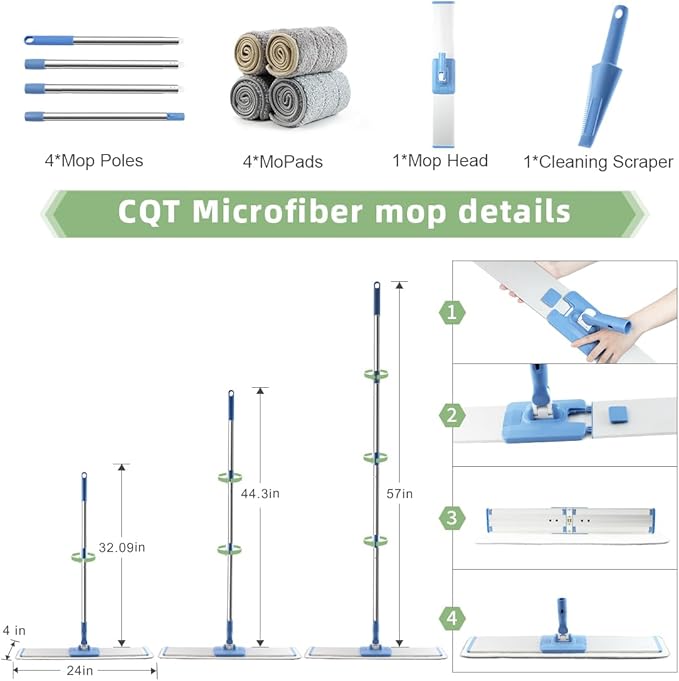 CQT Commercial Flat Microfiber Floor Mop Cleaning System 24" Inch Wet Dry and Dust Hardwood with 4 Washable Pads Cleaner for Laminate Tile Stainless Steel Handle and Extension (Blue)