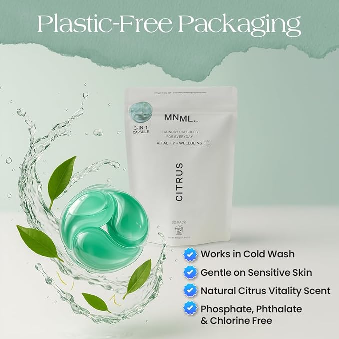 MNML Citrus Laundry Pods designed for Vitality & Wellbeing, Eco-Friendly Natural Laundry Detergent Pods for Sensitive Skin. No Plastic, Natural Bio-Enzymes, Luxury Fragrance, 30ct Capsules, Refill Bag