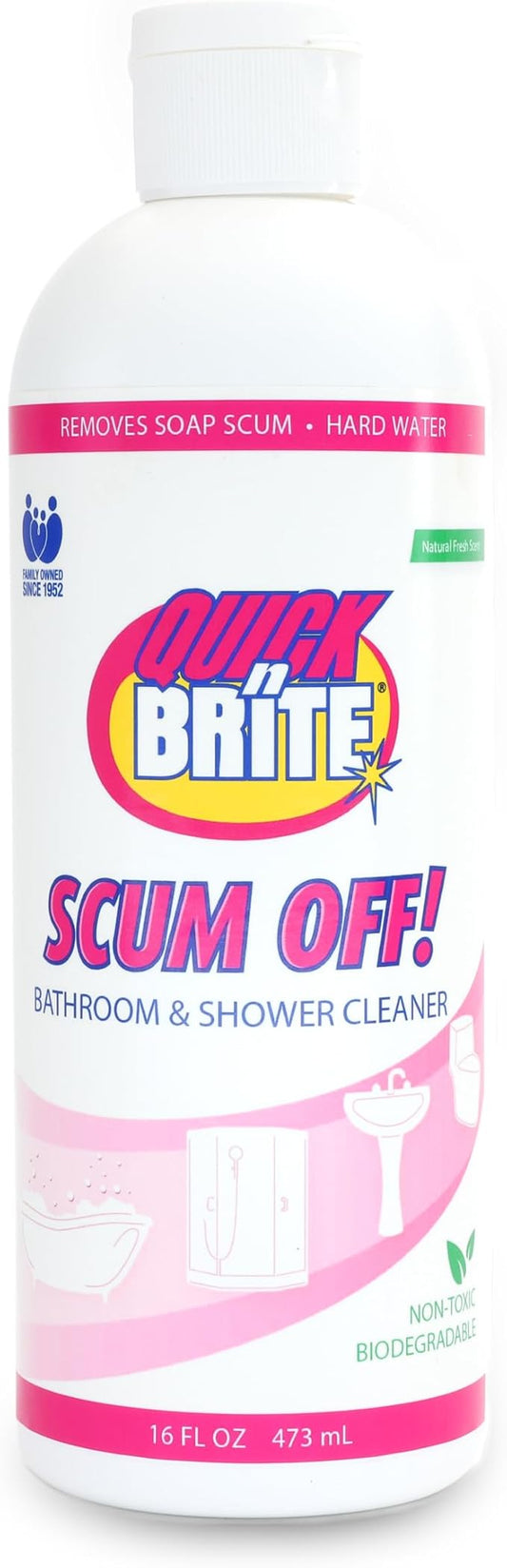 Quick N Brite Scum Off Shower Cleaner - No Scrub, No Harsh Chemical Daily Shower Cleaner, Multi-Surface All-Purpose Cleaner 16 Oz (Packaging May Vary)