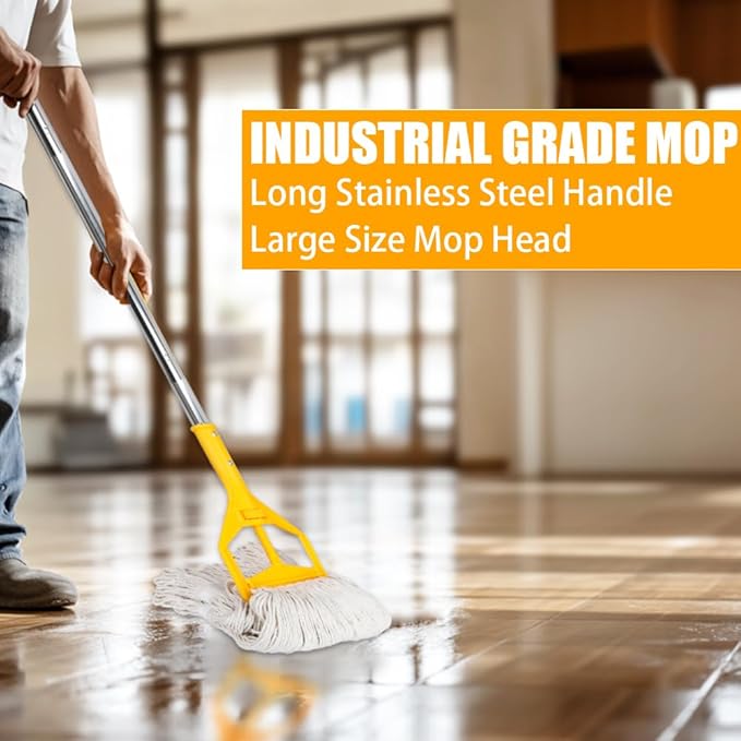 Wet String Mop for Floor Cleaning, Heavy Duty Mop with 2 Reusable Heads, Long Handle Industrial Cotton Mop for Restaurant Home Garage Office Patio Warehouse (Yellow)