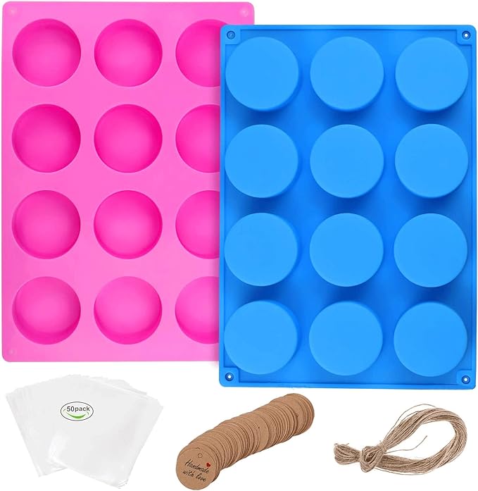 Round Soap Molds,2PCS Silicone Soap Molds for Soap Making 12Cavity Cylinder Silicone Mold for Lotion Bars,Bath Bombs,Shower Steamer,Shower Tablets, Beeswax,Candles