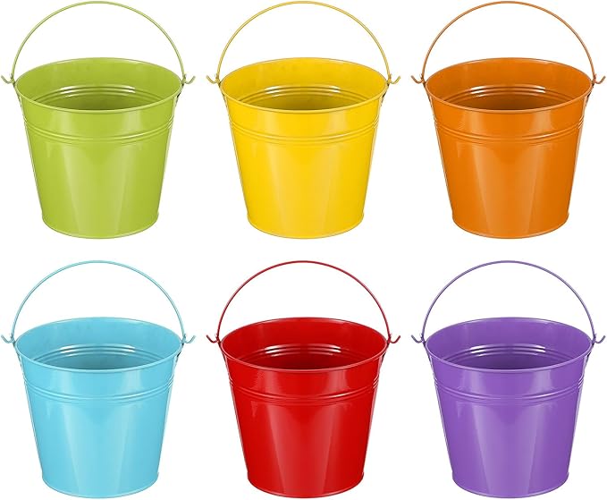PATIKIL 6"x5" Small Metal Buckets with Handle, 6 Pcs Mini Bucket Easter Buckets, Green/Yellow/Orange/Blue/Red/Purple