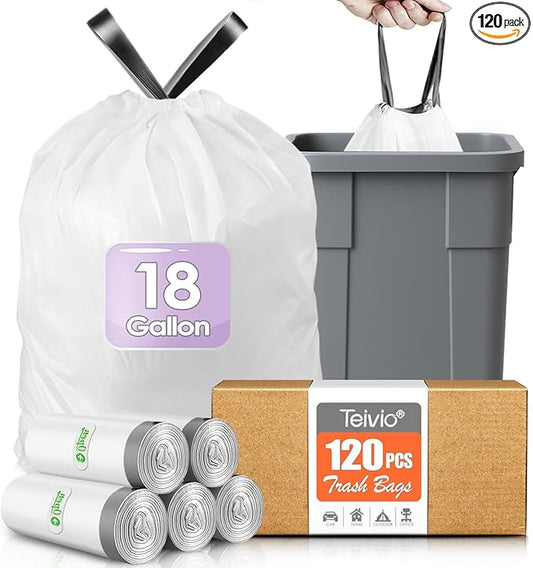 Drawstring Trash Bags-18 Gallon 120 Counts (fit 16-18 Gal) Large Strong Tall Kitchen Trash Bags by Teivio Garbage Bags for Home/Office/Light Residential Waste/Outdoor Trash Can, Lawn Bag White