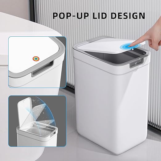 MOPALL 2 Pack Bathroom Trash Can with Lid, 3.6Gal + 2.4Gal Garbage Can with Pop-Up Lid, Small Trash Can Dog Proof, Slim Trash Bin Waste Basket for Toilet, Office, Bedroom, Living Room, Kitchen (White)