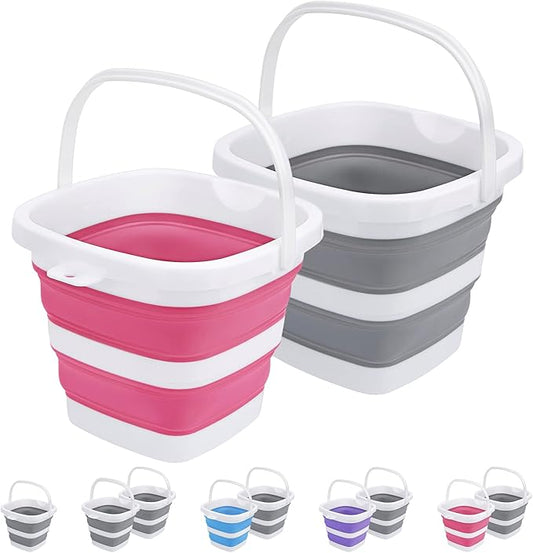 2 Pack Collapsible Buckets 5L 1.3Gallon Small Cleaning Bucket for Household Portable Plastic Bucket Outdoor Car Washing Tub Foldable Camping Beach Sand Water Pot Pail Space Saving Square Grey and Pink