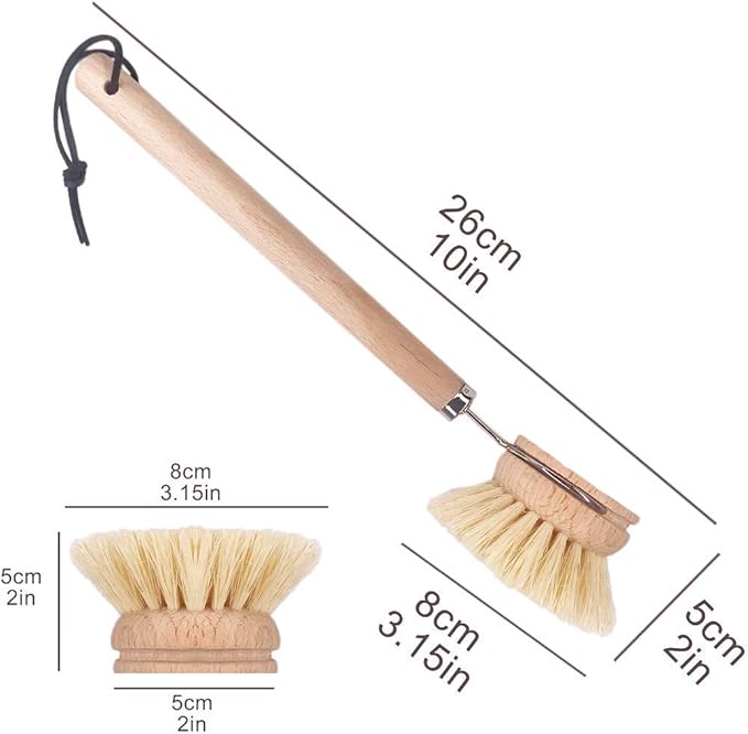 Dish Brush with Wooden Handle, Natural Kitchen Brush for Dishes Vegetable, Pots and Pans, Tampico Fiber Bristles Scrubber, Extra 3 Pack Replacement Head Included