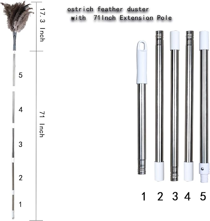 Gray Ostrich Feather Duster with 71Inch Pole,Extendable Microfiber Duster for Home Cleaning
