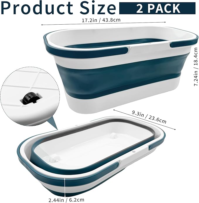 2 Pack Collapsible Plastic Bucket, Large Foldable Cleaning Mop Container, 3.17 Gal Rectangular Portable Water Pail with Handle for House Laundry Fishing Camping Car Washing Storage Green, Grey