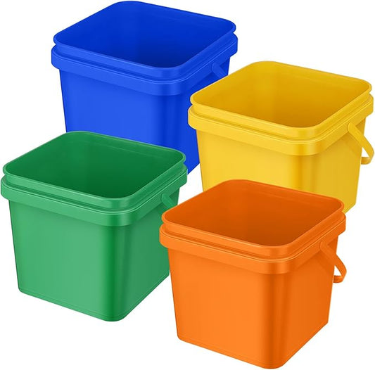 Mifoci 4 Pcs Plastic Bucket 5 Quart Square Cleaning Bucket Utility Small Pail with Handle for House Cleaning Storage Livestock Feeding Car Washing (Yellow,Blue,Green,Orange)