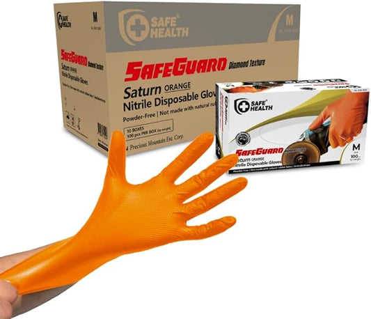 Safe Health Nitrile Industrial Disposable Gloves, Black 6 Mil, Orange 8 Mil, Diamond Textured