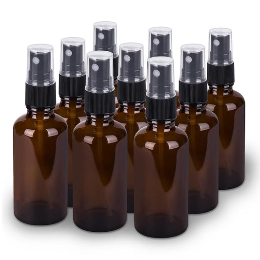 9 Pack Amber Glass Small Spray Bottles, 2oz Travel Fine Mist Empty Mini Spray Bottles for Essential Oils and Hair