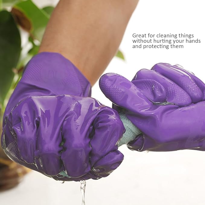Alimat PluS 4PCS Reusable Cleaning Gloves Latex Free, Dishwashing Gloves with Cotton Flock Liner and Embossed Palm, Waterproof Household Rubber Gloves for Laundry, Gardening(Medium, Blue+Purple)