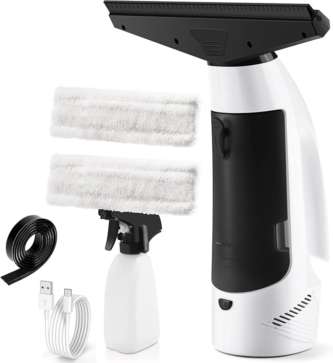 Window Vacuum Squeegee Cordless, Handheld Window Vac with Multi-Purpose Spray Bottle & Microfiber Cloth, Electric Cleaning Tool for Windows, Tiles, Mirror, Countertop, Car Windshield (White-Black)