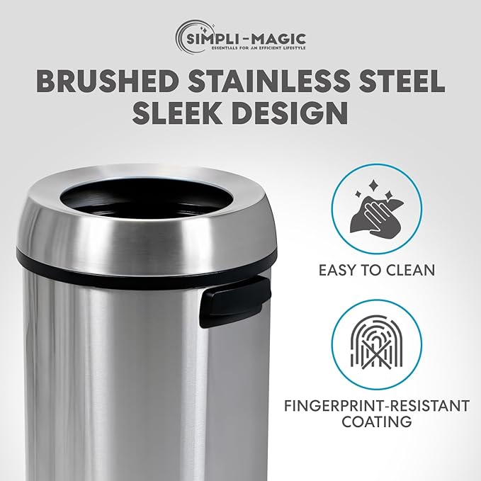 Simpli-Magic 65 Liter Open Top Trash Can, Commercial Grade, Stainless Steel