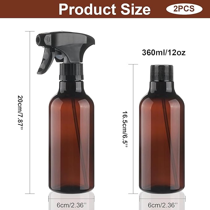 Cosywell 2 Pack Plastic Spray Bottles 12oz/360ml Empty Spray Bottles for Cleaning Continuous Misting Spray Bottle for Hair, Essential Oils, Toners Rose Water Cosmetics(Brown)
