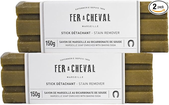 Fer à Cheval Marseille Soap Stain Remover Stick 2 Pack - Natural, Hypoallergenic, Travel-Sized Laundry Solution, 150g/5.29oz (Stick with Baking Soda)