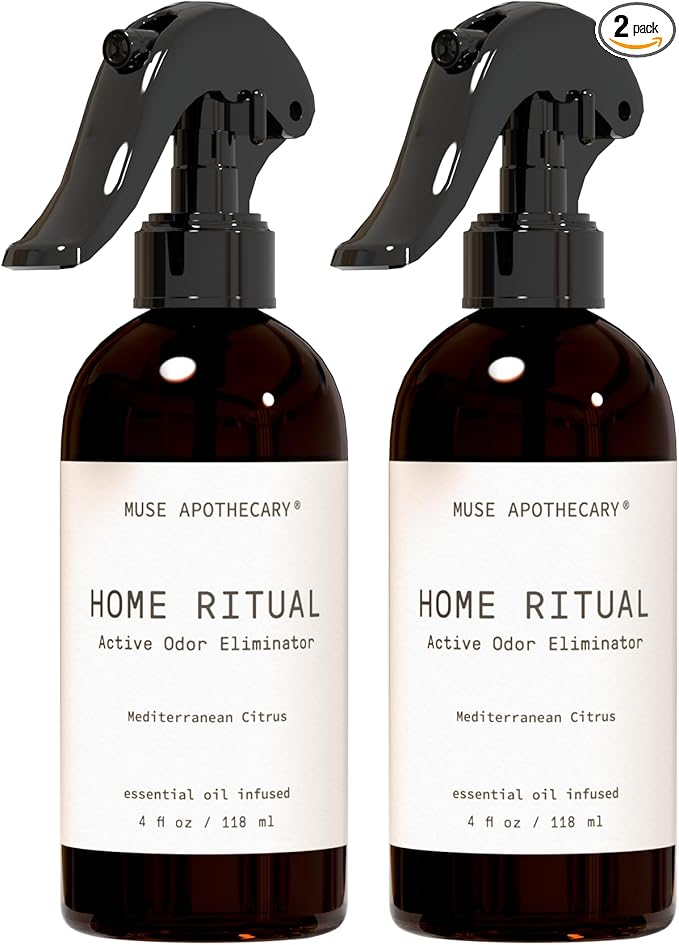 Muse Apothecary Home Ritual Active Odor Eliminator Spray - Furniture Deodorizer Spray & Bathroom Odor Eliminator for Home - Essential Oil Air Freshener - 4oz, Mediterranean Citrus, 2 Pack