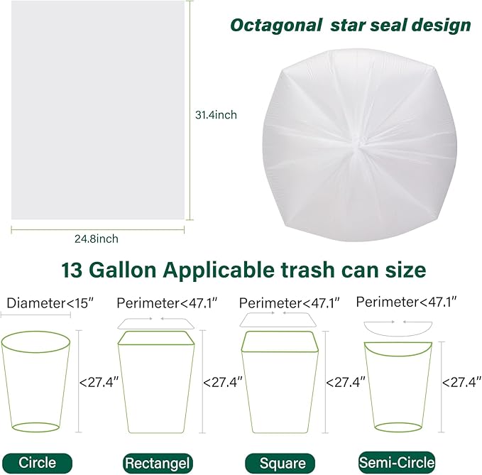 Inwaysin Ultra Thick & Strong Biodegradable Trash Bags - 85 Counts, 13 Gallon - Unscented, Easy Tear for Kitchen, Bedroom, Office