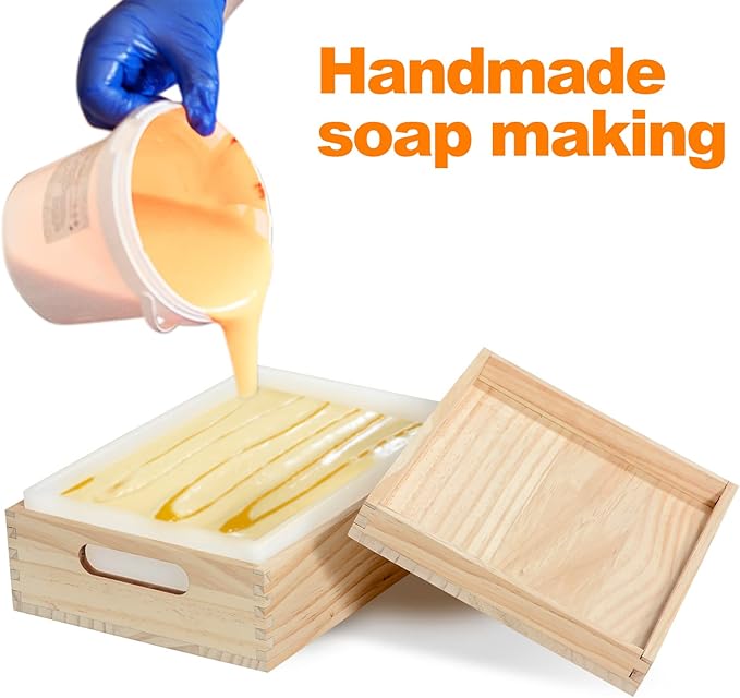 Rectangle Soap Molds for Soap Making, 2.2L/77oz Silicone Soap Making Mold with Wooden Box and Lid for DIY Handmade Soap Making