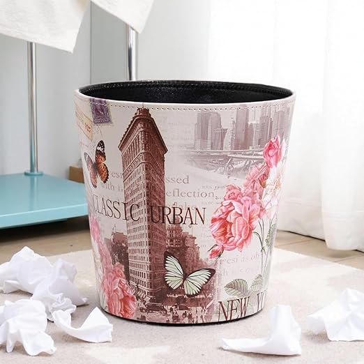 PU Leather Small Trash Can Wastebasket, Round Garbage Container Basket for Bathrooms, Laundry Room, Kitchens, Offices, Kids Rooms, Bedrooms,Dorms,Home Decorative Art Bin, 2.9 Gallon(Classic Urban)