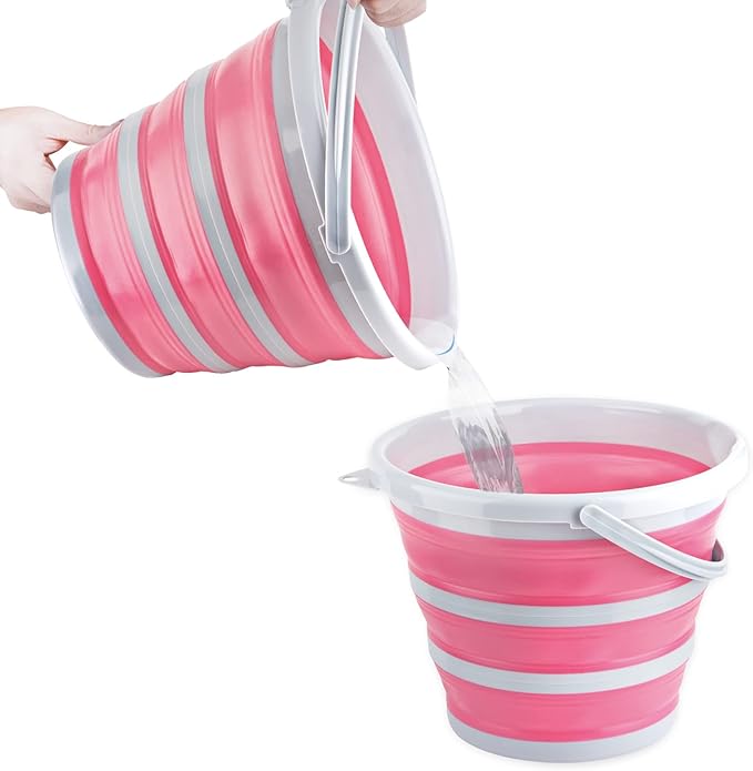 Collapsible Bucket 10L 2.6 Gallon Cleaning Bucket Mop Bucket Folding Foldable Portable Small Plastic Water Supplies for Outdoor Garden Camping Fishing Car Wash Space Saving Grey and Pink