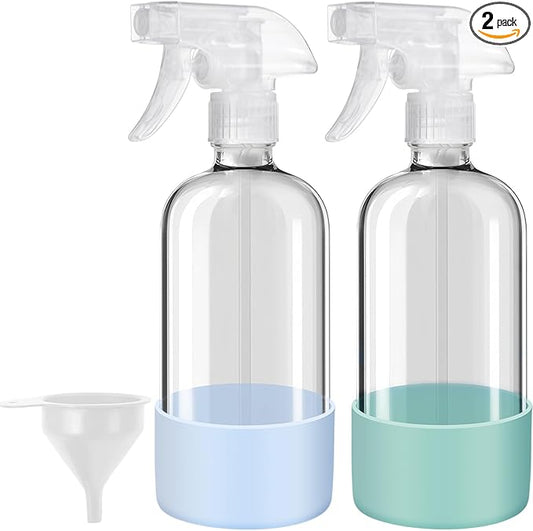 Glass Spray Bottles with Silicone Sleeves (2 Pack, 16 oz), Mist and Stream Empty Refillable Containers, Water Sprayer Misting Bottle for Cleaning Solutions, Planting, Hair Spraying, Green & Grey