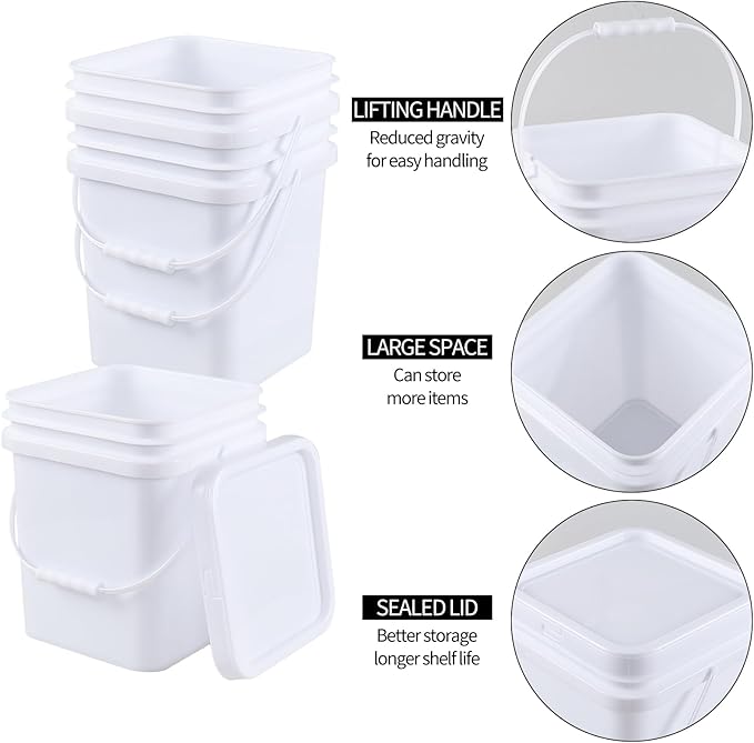 Teyyvn 4 Pcs 3 Gallon Square Bucket with Lid and Plastic Handles, White Plastic Utility Bucket Pail with Lid for Food Storage