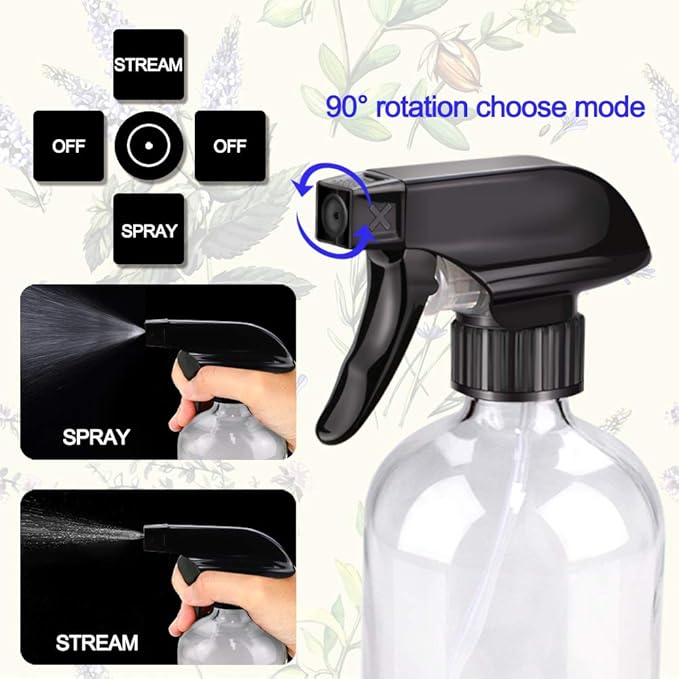 Wedama Glass Spray Bottle, 2 Pack Clear 16 oz Glass Spray Bottles for Cleaning Solutions and Essential Oils, Refillable Empty Spray Bottle with Adjustable Nozzles for Alcohol, Plant and Hair Care