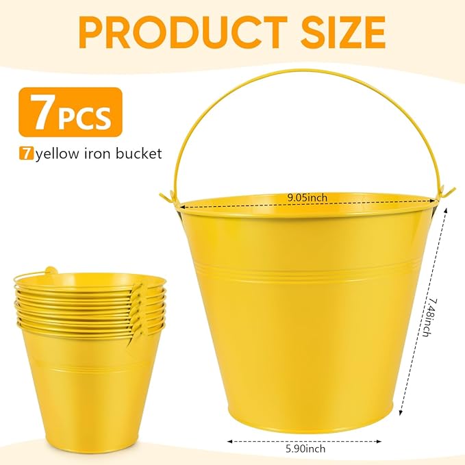 OBTANIM 7 Pack Yellow Metal Buckets with Handle Galvanized Ice Pails for Plants, Succulents, Party Favors Organizing, Rustic Home Decor or Classrooms Pencil Storage (9.1 x 6.7 inch)