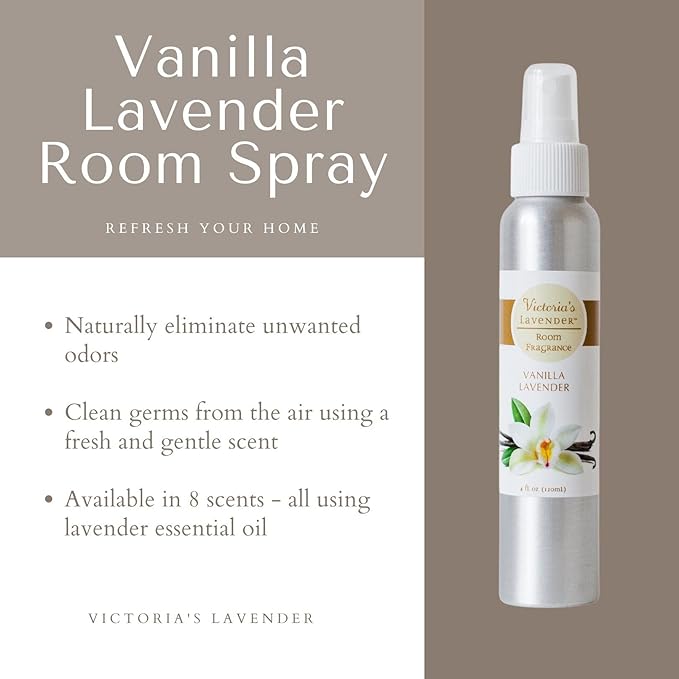 Victoria's Lavender Room Spray - All-Natural Home Atmosphere Spray, Made in the USA, Essential Oil Concentrated Air Freshener, Bathroom Odor Eliminator, Luxury 2-Pk Vanilla Lavender, 4 oz