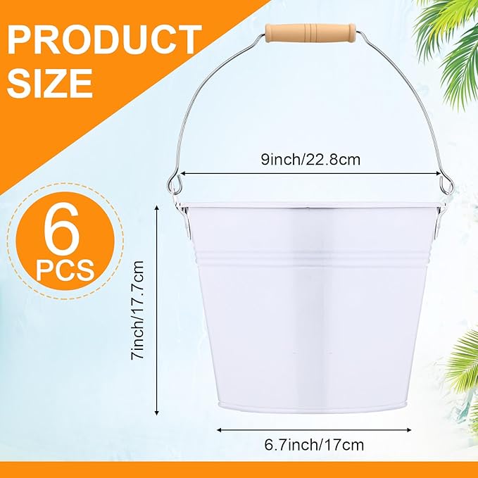 Zopeal 6 Pcs Large Metal Bucket Beer Bucket Galvanized Steel Pail with Handle for Gifts Basket Ice Candy Party(9 x 7 x 7 Inch,White)